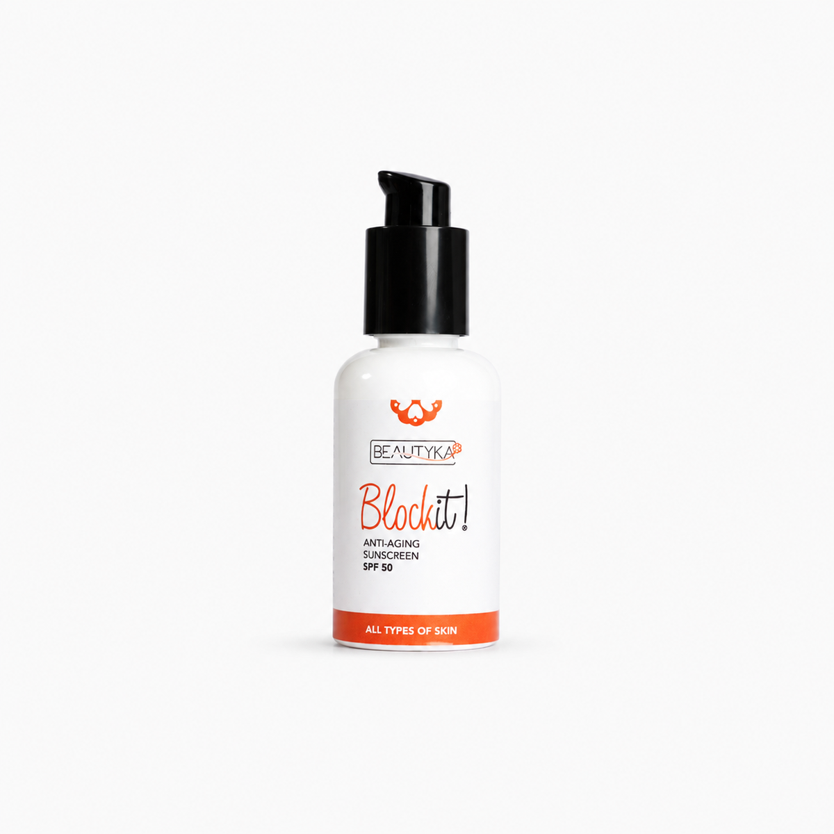 Beautyka Block It! Anti-Aging Sunscreen SPF 50 bottle on a plain white background.