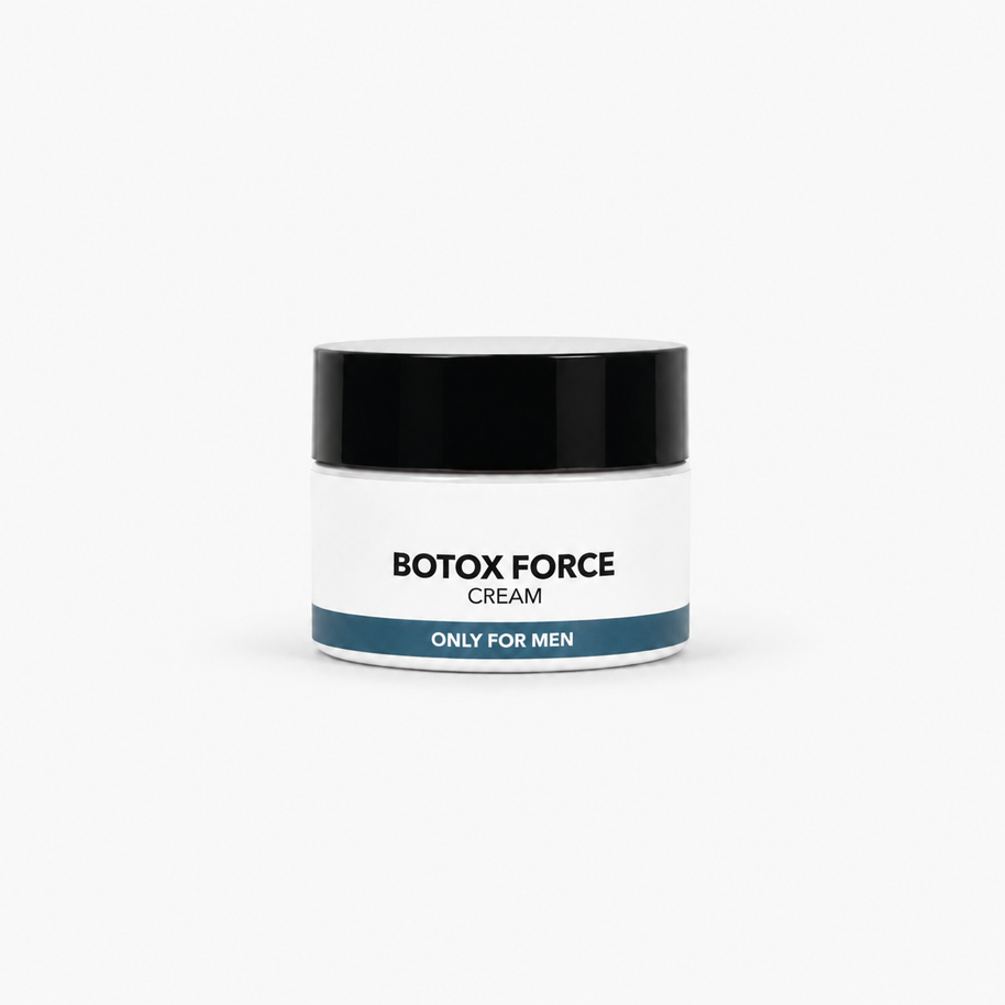 A white cosmetic jar of Botox Force Cream with a black lid and a blue accent band, set against a plain white background.