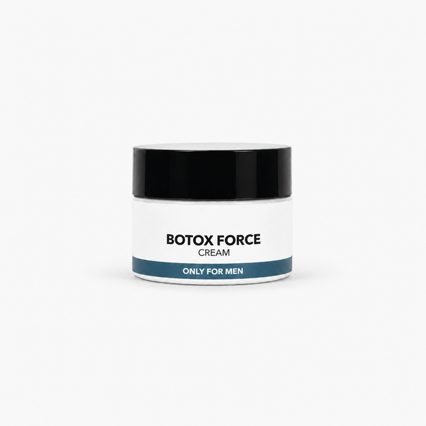 A white cosmetic jar of Botox Force Cream with a black lid and a blue accent band, set against a plain white background.