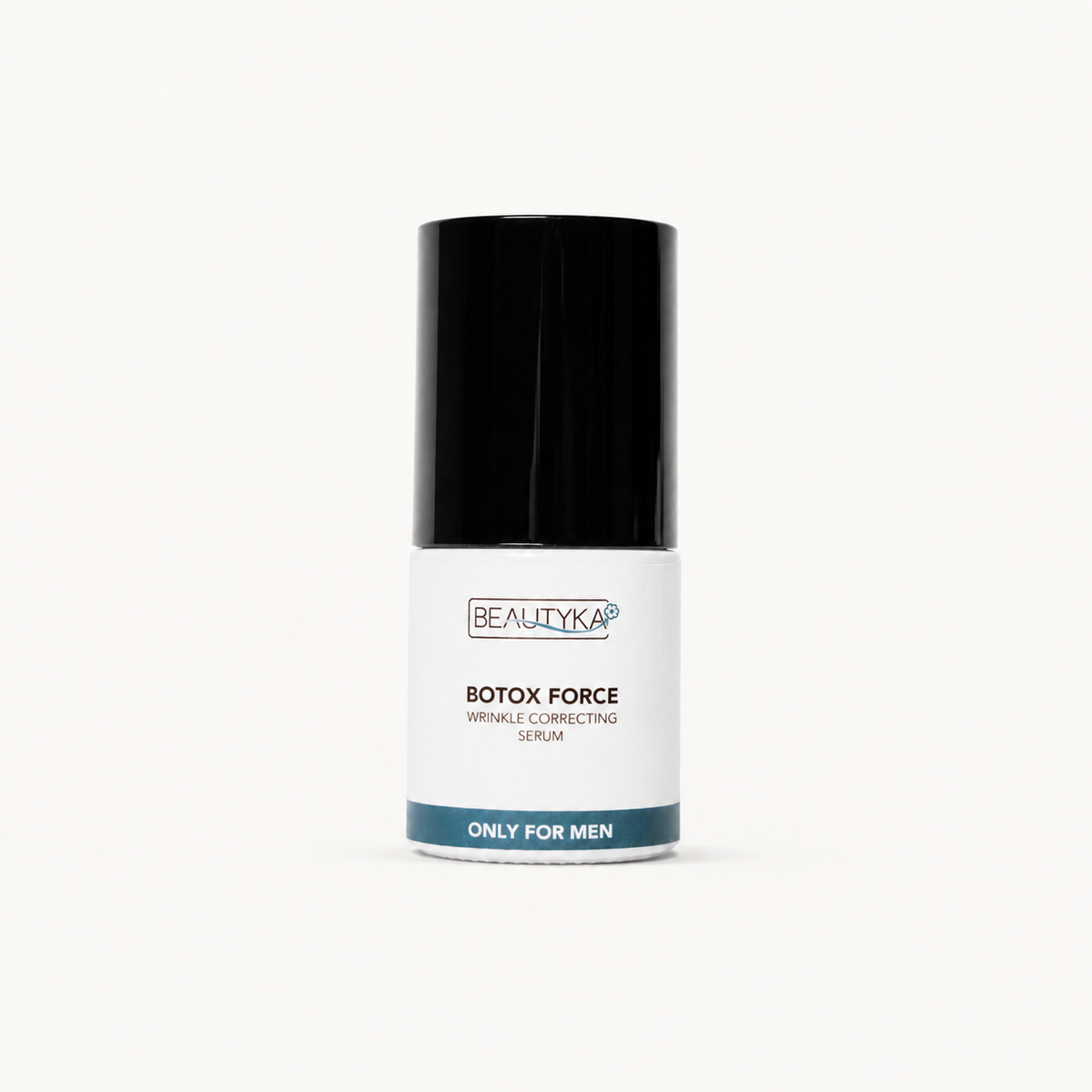 A bottle of Beautyka Botox Force Wrinkle Correcting Serum, designed for men, featuring a black cap and a white label with a teal accent band at the bottom, set against a plain white background.