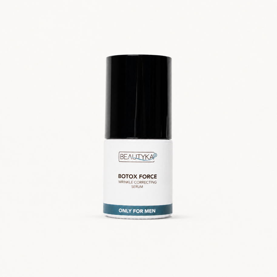 A bottle of Beautyka Botox Force Wrinkle Correcting Serum, designed for men, featuring a black cap and a white label with a teal accent band at the bottom, set against a plain white background.