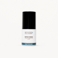 A bottle of Beautyka Botox Force Wrinkle Correcting Serum, designed for men, featuring a black cap and a white label with a teal accent band at the bottom, set against a plain white background.