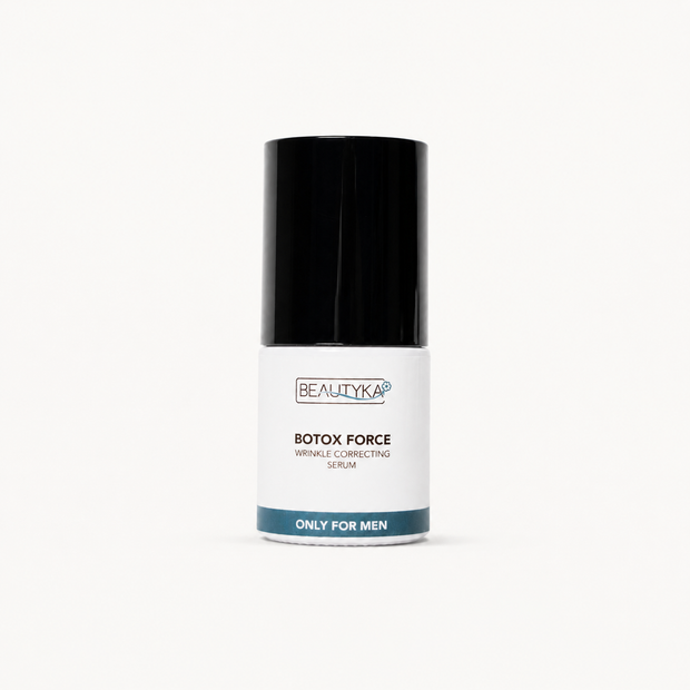 A bottle of Beautyka Botox Force Wrinkle Correcting Serum, designed for men, featuring a black cap and a white label with a teal accent band at the bottom, set against a plain white background.