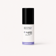 Beautyka Collagen Glam Lifting Serum in a white bottle with a black cap on an off-white background.