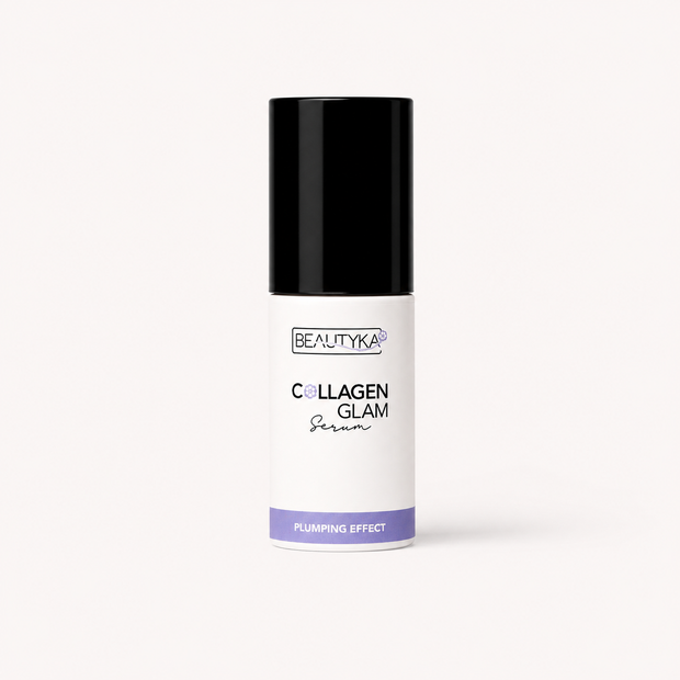 Beautyka Collagen Glam Lifting Serum in a white bottle with a black cap on an off-white background.