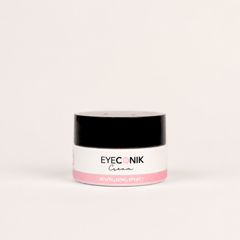 A small jar of Beautyka Eyeconik Eye Cream with a black lid and pink accents on an off-white background.