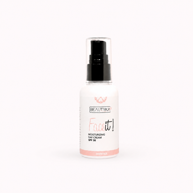 A white bottle of Beautyka Face It! Moisturizing Cream SPF30 with a black pump and clear cap on a plain white background.