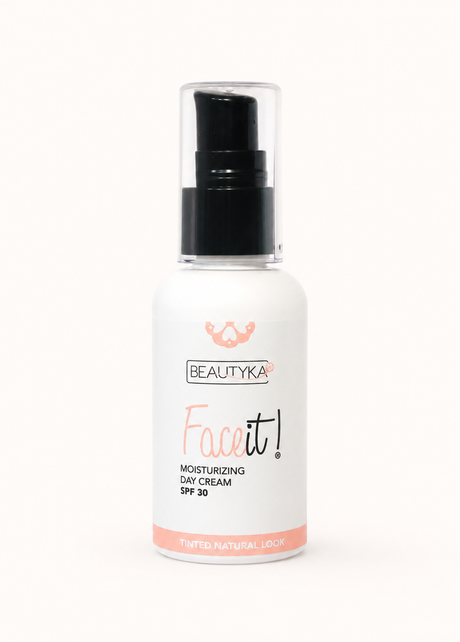 A white pump bottle of Beautyka Face It! Tinted Moisturizing Cream SPF30 with a clear cap on a plain white background.