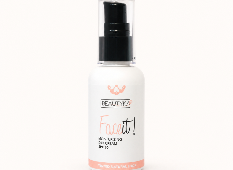 A white pump bottle of Beautyka Face It! Tinted Moisturizing Cream SPF30 with a clear cap on a plain white background.
