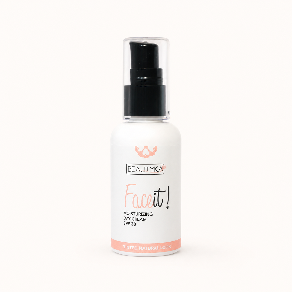 A white pump bottle of Beautyka Face It! Tinted Moisturizing Cream SPF30 with a clear cap on a plain white background.
