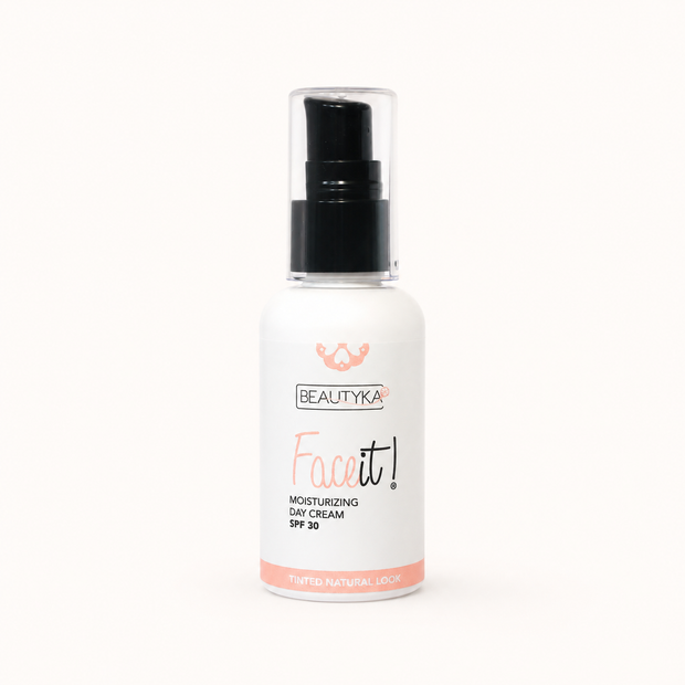 A white pump bottle of Beautyka Face It! Tinted Moisturizing Cream SPF30 with a clear cap on a plain white background.