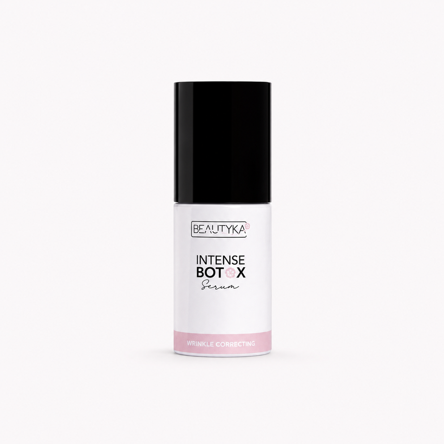 A white Beautyka Intense Botox Serum bottle with a black cap on a clean white background.