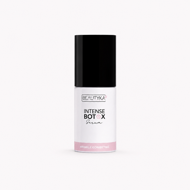 A white Beautyka Intense Botox Serum bottle with a black cap on a clean white background.