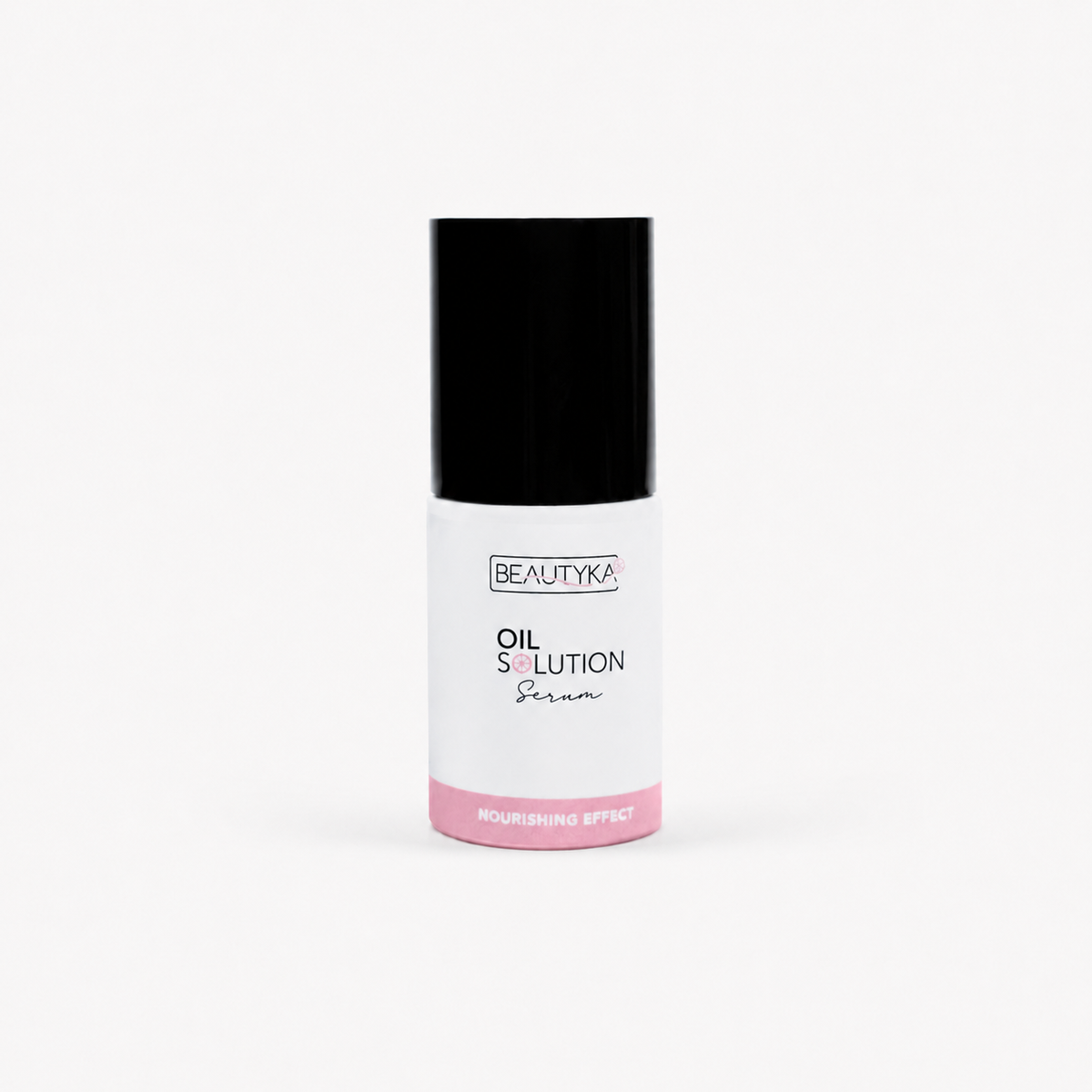 Beautyka Oil Solution Nourishing Serum in a white bottle with a black cap and pink base on a light gray background.