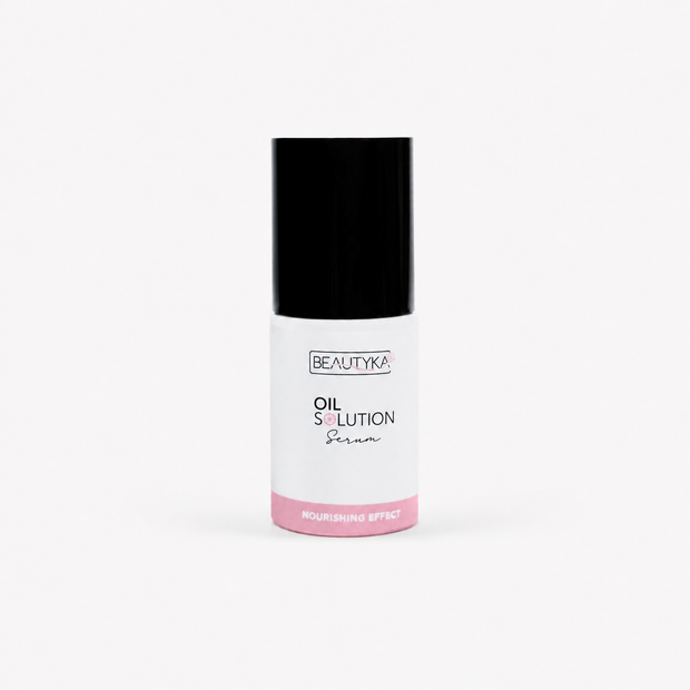 Beautyka Oil Solution Nourishing Serum in a white bottle with a black cap and pink base on a light gray background.