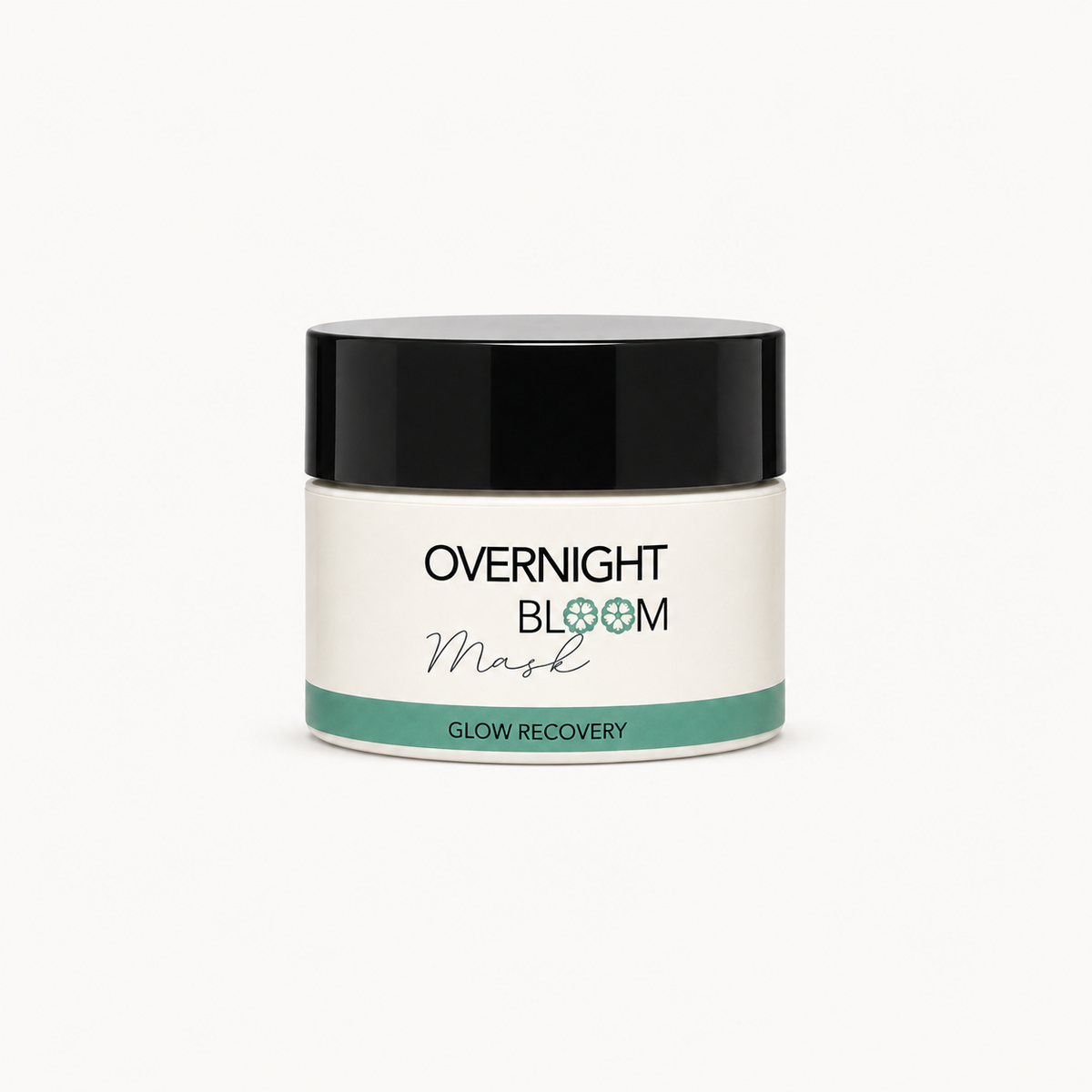 A jar of Overnight Bloom Mask Glow Recovery on a clean white background. The product features a white jar with a black lid and a teal accent band on the label.