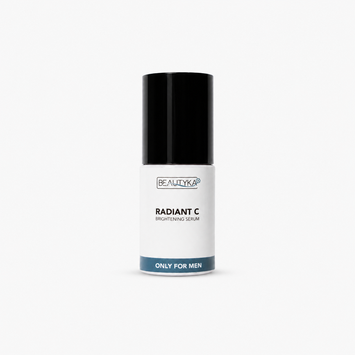 A white and black cosmetic bottle of Beautyka Radiant C Brightening Serum, designed specifically for men, shown on a clean white background.