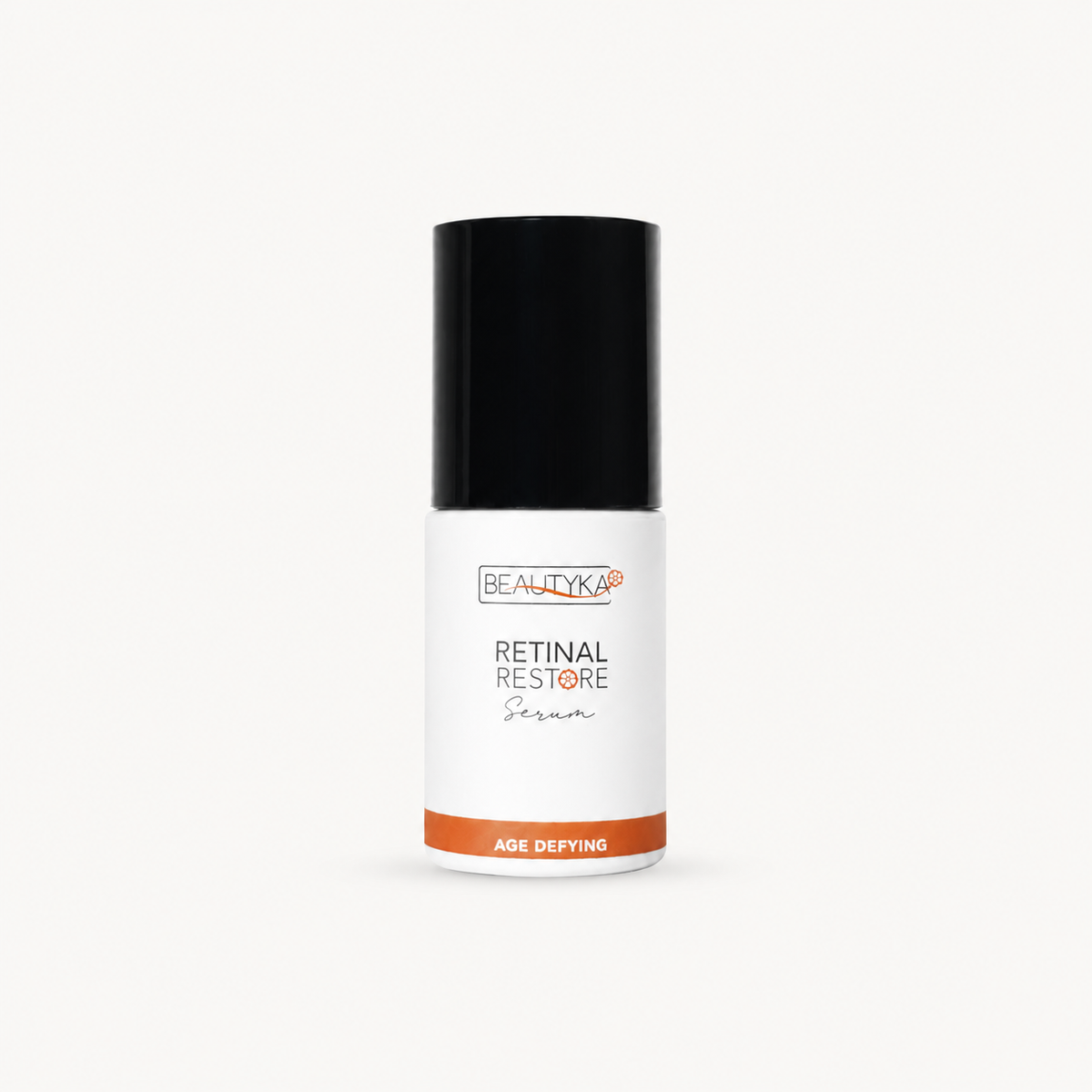 A white bottle of Beautyka Retinal Restore Serum with a black cap on a light gray background.