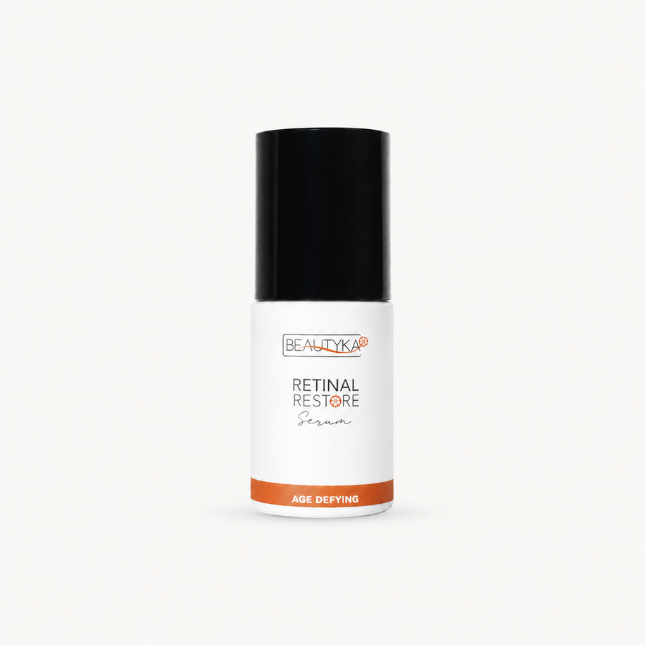 A white bottle of Beautyka Retinal Restore Serum with a black cap on a light gray background.