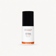 A white bottle of Beautyka Retinal Restore Serum with a black cap on a light gray background.