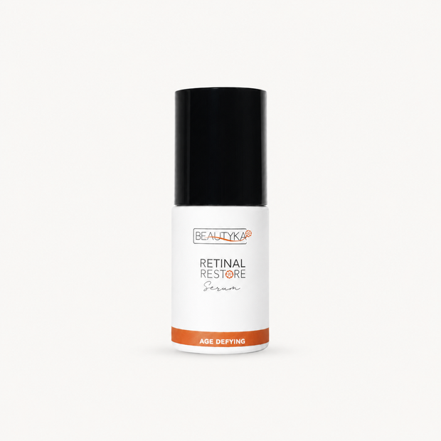 A white bottle of Beautyka Retinal Restore Serum with a black cap on a light gray background.