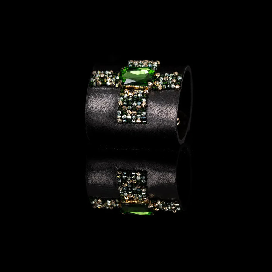 The Dark Crystal Ribbon Leather Cuff Bracelet Black & Emerald Spark