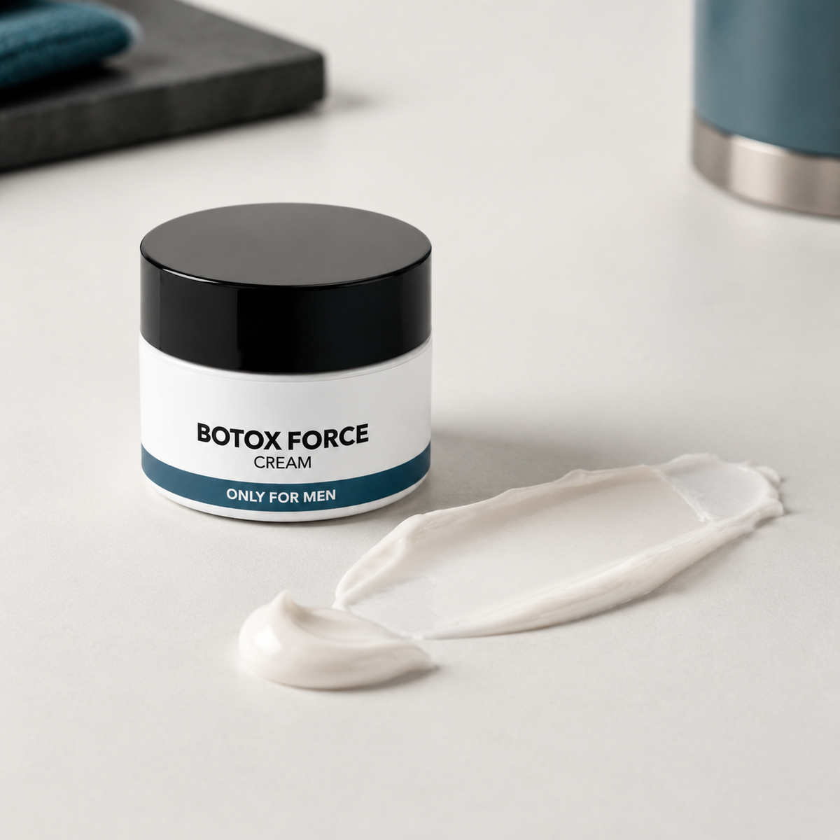 A jar of Botox Force Cream with a black lid and white label, shown on a light gray surface with a smear of the white cream in front.