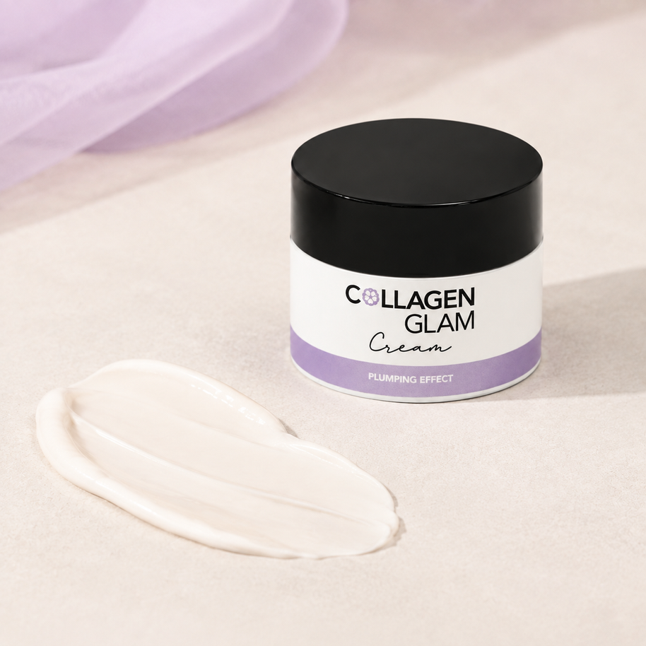 Beautyka Collagen Glam Lifting Cream jar on a light beige surface beside a smear of the cream.