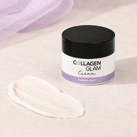 Beautyka Collagen Glam Lifting Cream jar on a light beige surface beside a smear of the cream.