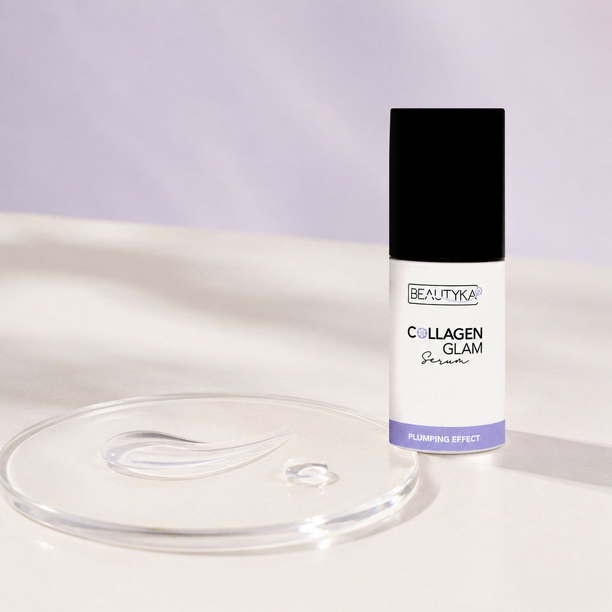 Beautyka Collagen Glam Lifting Serum bottle beside a clear glass lid on a light beige surface with a lavender background.