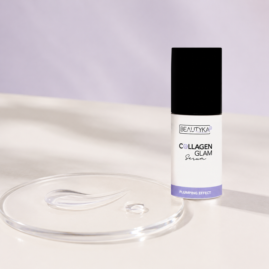 Beautyka Collagen Glam Lifting Serum bottle beside a clear glass lid on a light beige surface with a lavender background.
