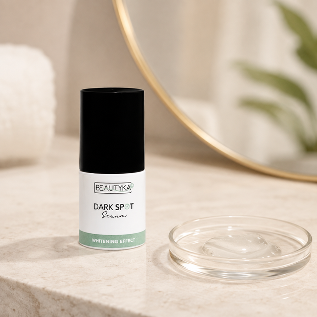 Beautyka Dark Spot Correcting Serum bottle on a marble surface next to its clear glass lid.