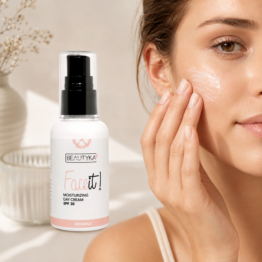 Beautyka Face It! Moisturizing Cream SPF30 shown next to a woman applying cream to her cheek.