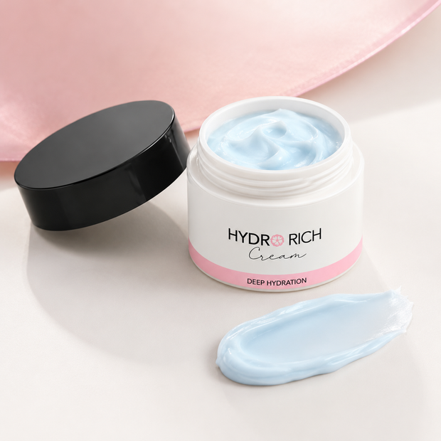 A jar of HYDRO RICH Cream with its black lid off, showing a light blue cream inside, with a matching light blue cream smear in front on a white surface with a soft pink background.