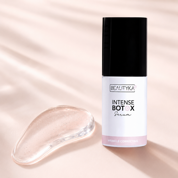 Beautyka Intense Botox Serum shown next to a clear gel swatch on a warm beige background.