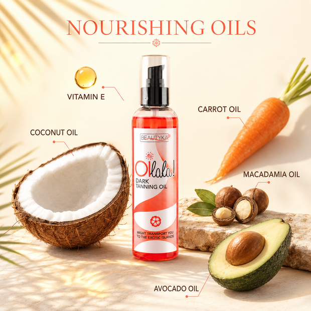 Beautyka Oilala Dark Tanning Oil on a warm beige surface with ingredient callouts for coconut oil, carrot oil, macadamia oil, avocado oil and vitamin E.