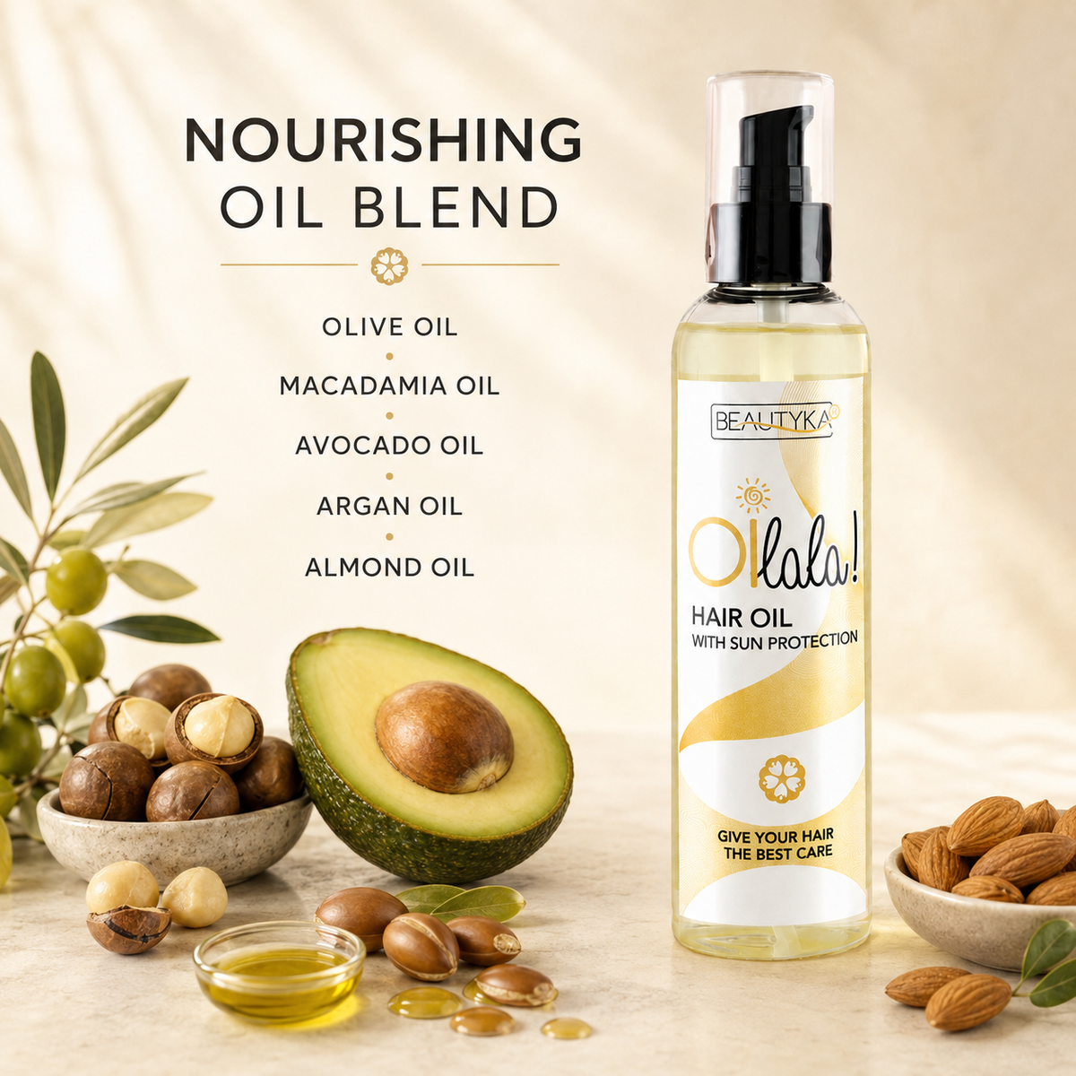 Beautyka Oilala Hair Oil with SPF on a light beige surface beside its nourishing oil ingredients: olive, macadamia, avocado, argan and almond.