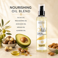 Beautyka Oilala Hair Oil with SPF on a light beige surface beside its nourishing oil ingredients: olive, macadamia, avocado, argan and almond.