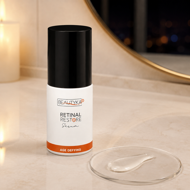 Beautyka Retinal Restore Serum bottle on a marble surface next to a clear glass lid holding serum gel.