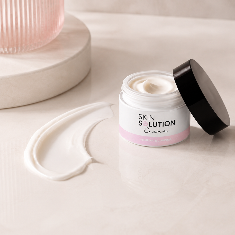 A jar of Beautyka Skin Solution Cream with its lid off and a swipe of the thick white cream on a light beige marble surface.