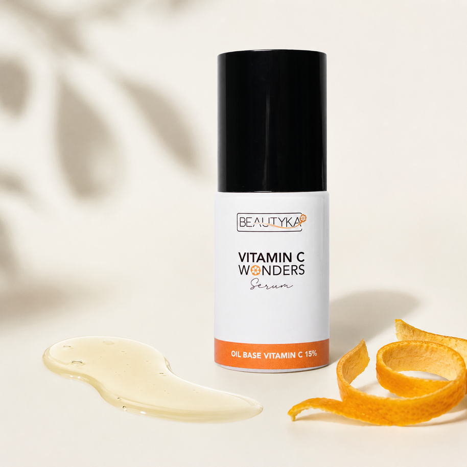 Beautyka Vitamin C Wonders Oil Serum styled with a smear of pale yellow serum and orange peel on a warm beige background.