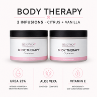 Beautyka Body Therapy Nourishing Cream with hero ingredient callouts for urea, aloe vera and vitamin E.