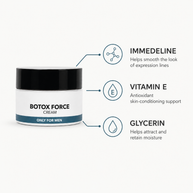 A white and black cosmetic jar labeled 'BOTOX FORCE CREAM' on a light gray background, with callout lines and text highlighting ingredients: Immedeline, Vitamin E, and Glycerin.