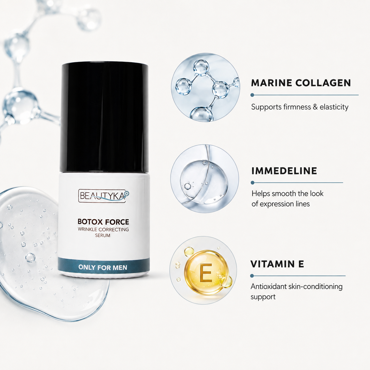 Beautyka Botox Force Wrinkle Correcting Serum bottle on a clean white background, accompanied by three circular graphic callouts highlighting key ingredients: Marine Collagen, Immedeline, and Vitamin E.