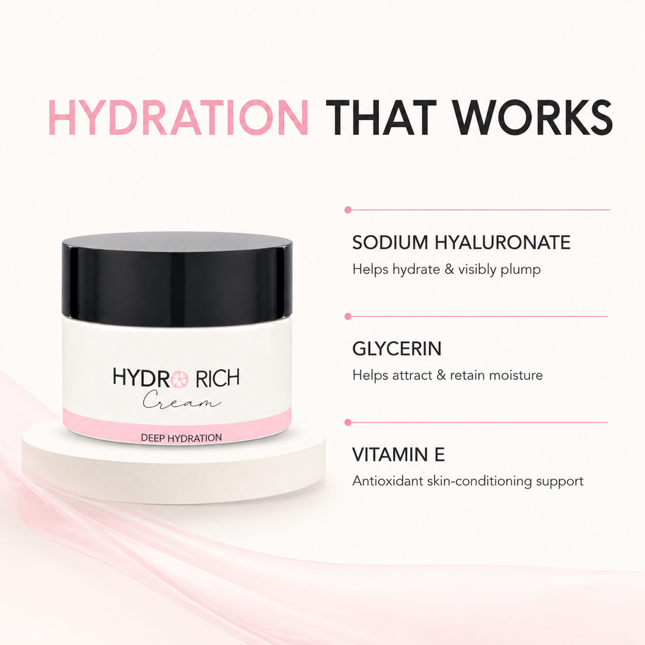 Hydro Rich Cream Deep Hydration jar on a white pedestal with marketing text on a light pink and white background.
