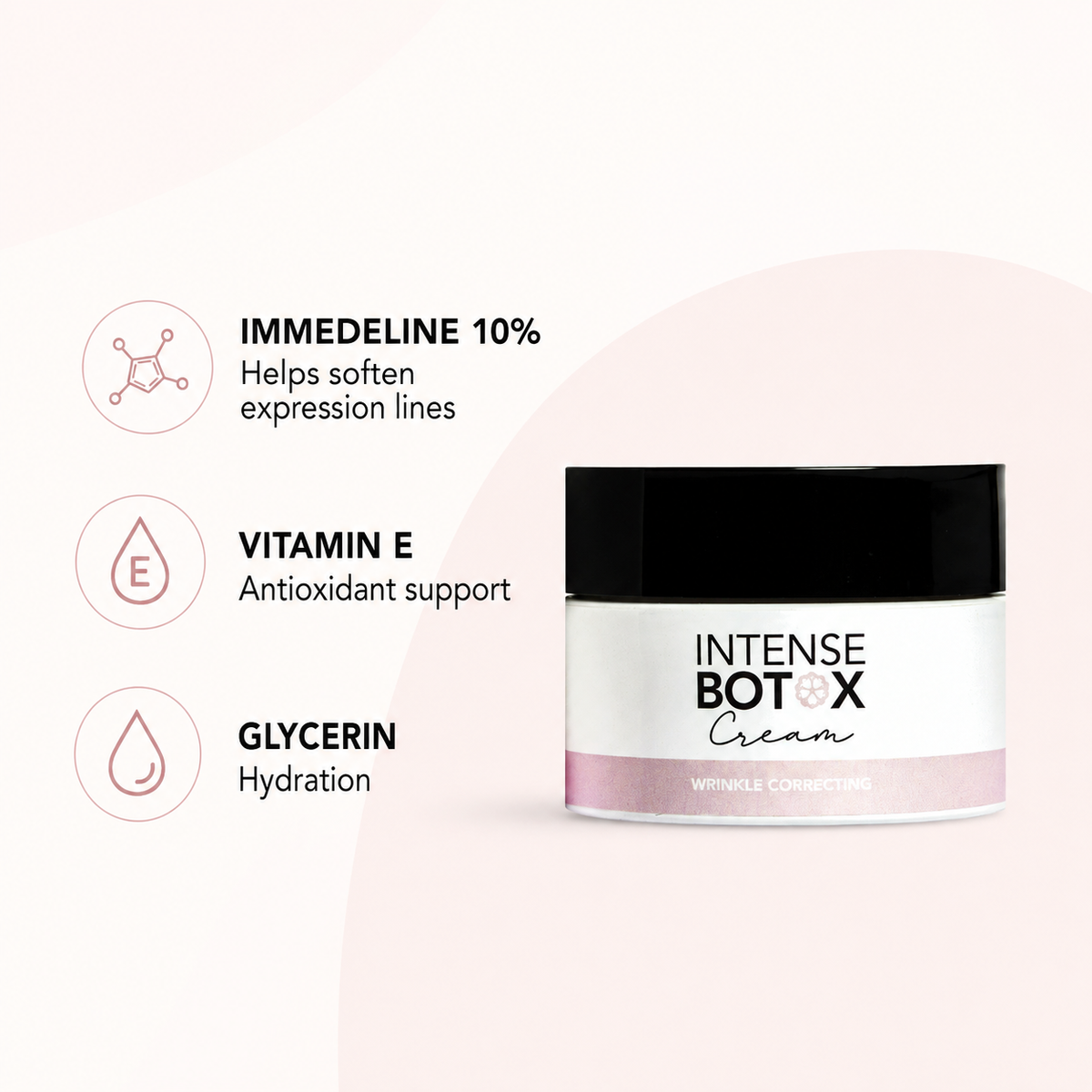 Beautyka Intense Botox Cream jar on a soft pink background with callouts for Immedeline, vitamin E and glycerin.