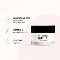 Beautyka Intense Botox Cream jar on a soft pink background with callouts for Immedeline, vitamin E and glycerin.
