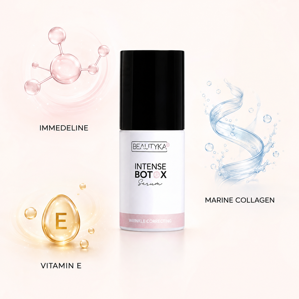 Beautyka Intense Botox Serum on a light cream background with callouts for Immedeline, marine collagen and vitamin E.