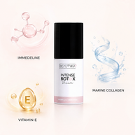 Beautyka Intense Botox Serum on a light cream background with callouts for Immedeline, marine collagen and vitamin E.