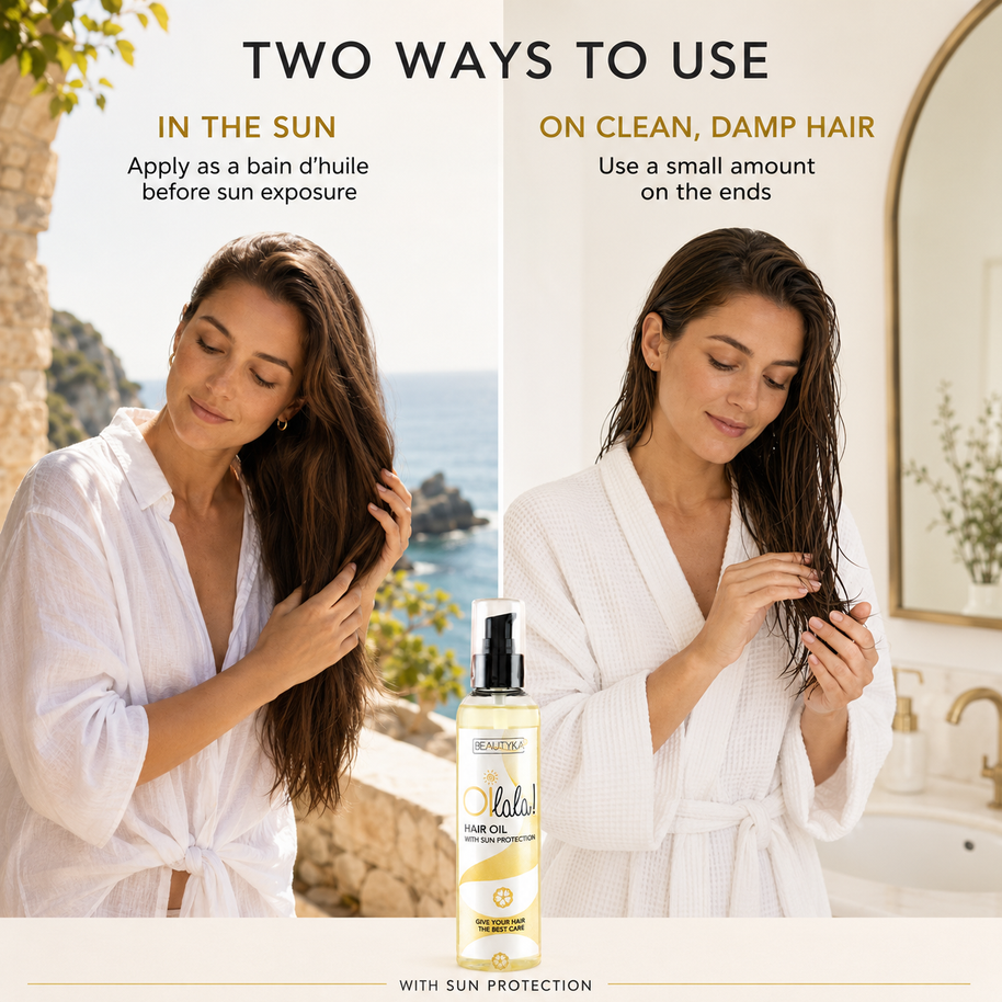 Promotional graphic for Beautyka Oilala Hair Oil showing two ways to use it, with the bottle centered at the bottom.